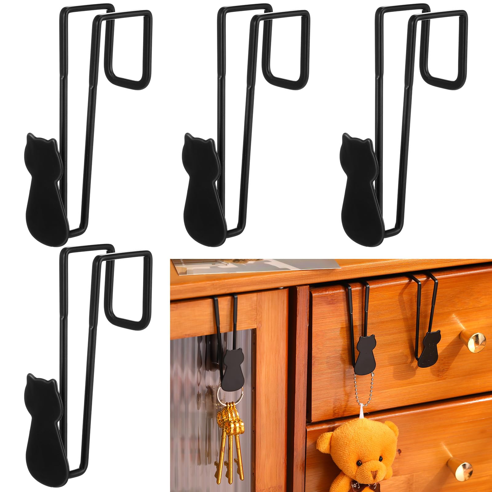 Honeydak 4 Pcs Cat Over Cabinet Door Hooks Iron Over The Door Hooks for Hanging Black Decorative Cat Hanger for Kitchen Bathroom Cabinet Cupboard Drawer Wardrobe Office