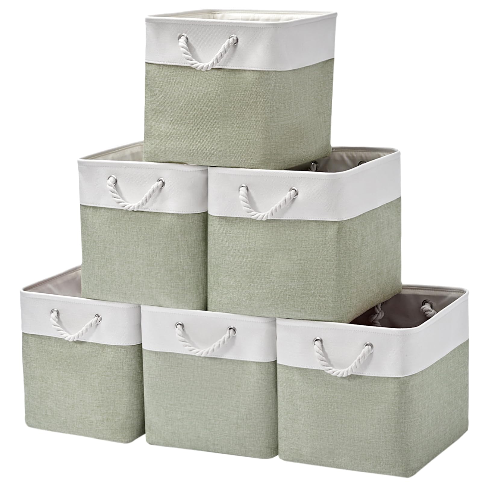 ISEMINGLA 13 x 13 Inch Extra Large Storage Cubes,6 Pack Cube Storage Bins for ShelvesοΌFabric Collapsible Storage Bins with Handles, Foldable Storage Basket for Organizing Clothes, Toys (White&Green)