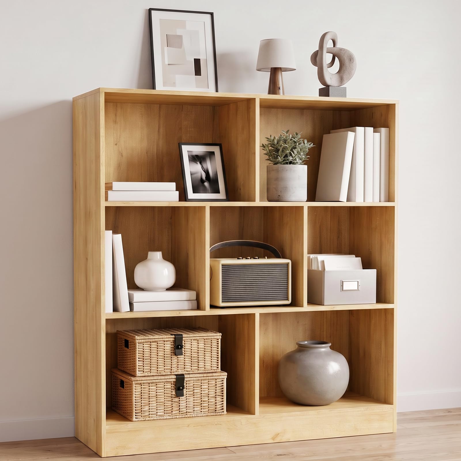 7 Cube Storage Unit, Oak Bookcase Cube Shelf with Base Design, Bookshelf