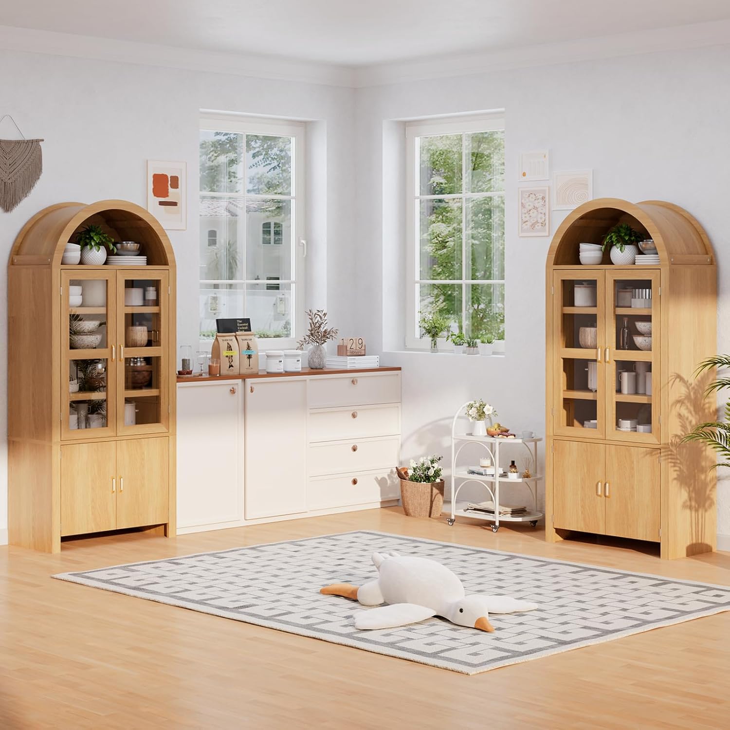 71" Tall Arched Kitchen Pantry Cabinet, Modern Farmhouse Wood Kitchens Storage Cabinets, Cupboard for Dining Room, Kitchen, Bathroom, Natural