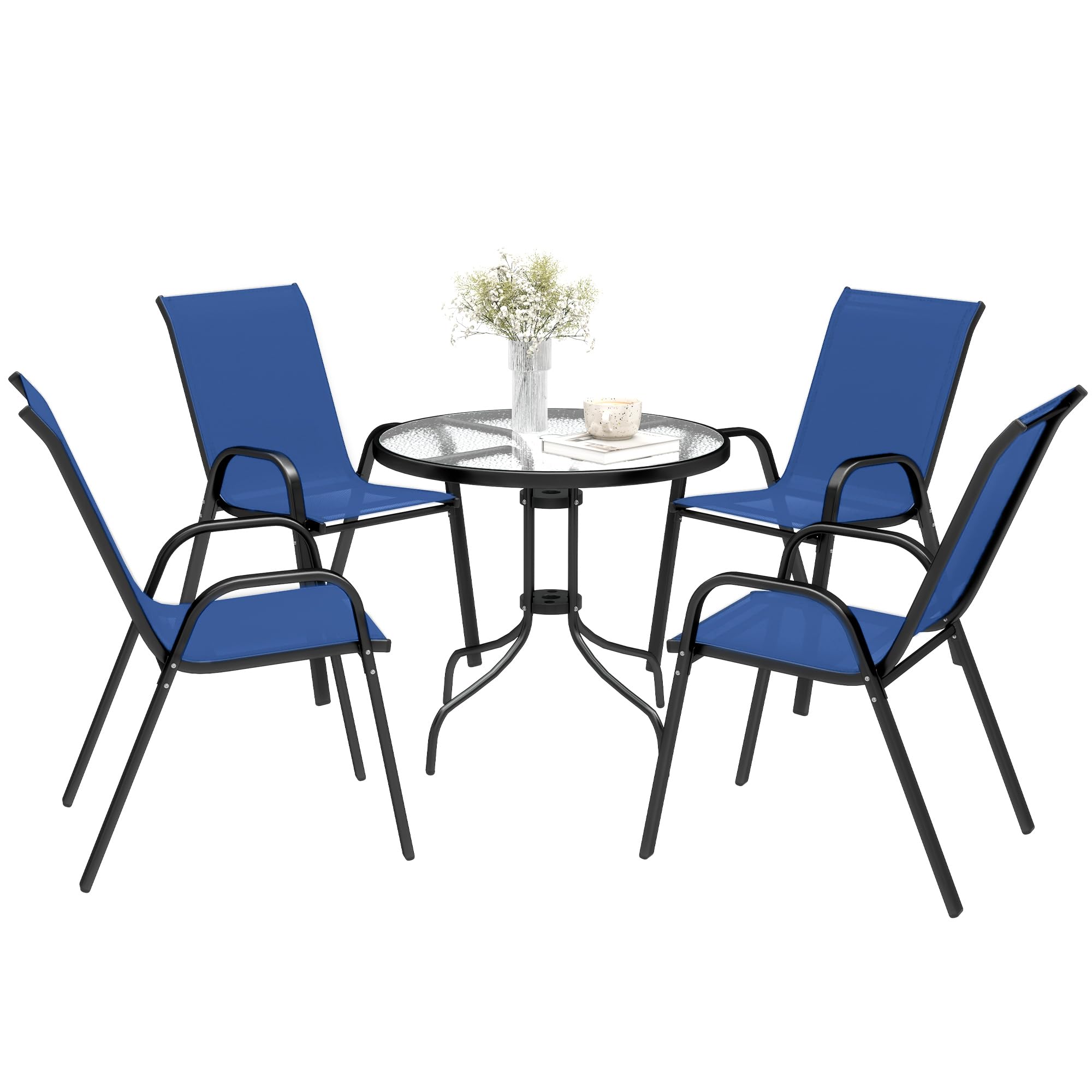 Outsunny 5 Pieces Garden Dining Set, 4 Seater Garden Furniture with High Back Stackable Chairs and Round Glass Top Table, Outdoor Bistro Set with Parasol Hole for Patio, Dark Blue