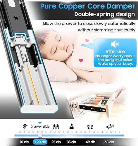 Miniatura 7 de YENUO Diapositivas de cajón de cierre suave, montaje lateral de extensión completa de 12, 14, 16, 18, 20, 22, 24 pulgadas, rodamientos de bolas,