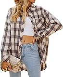 CHYRII Womens Button Down Flannel Shirts Long Sleeve Plaid Shackets Business Casual Blouse Top Medium Vanilla-7123