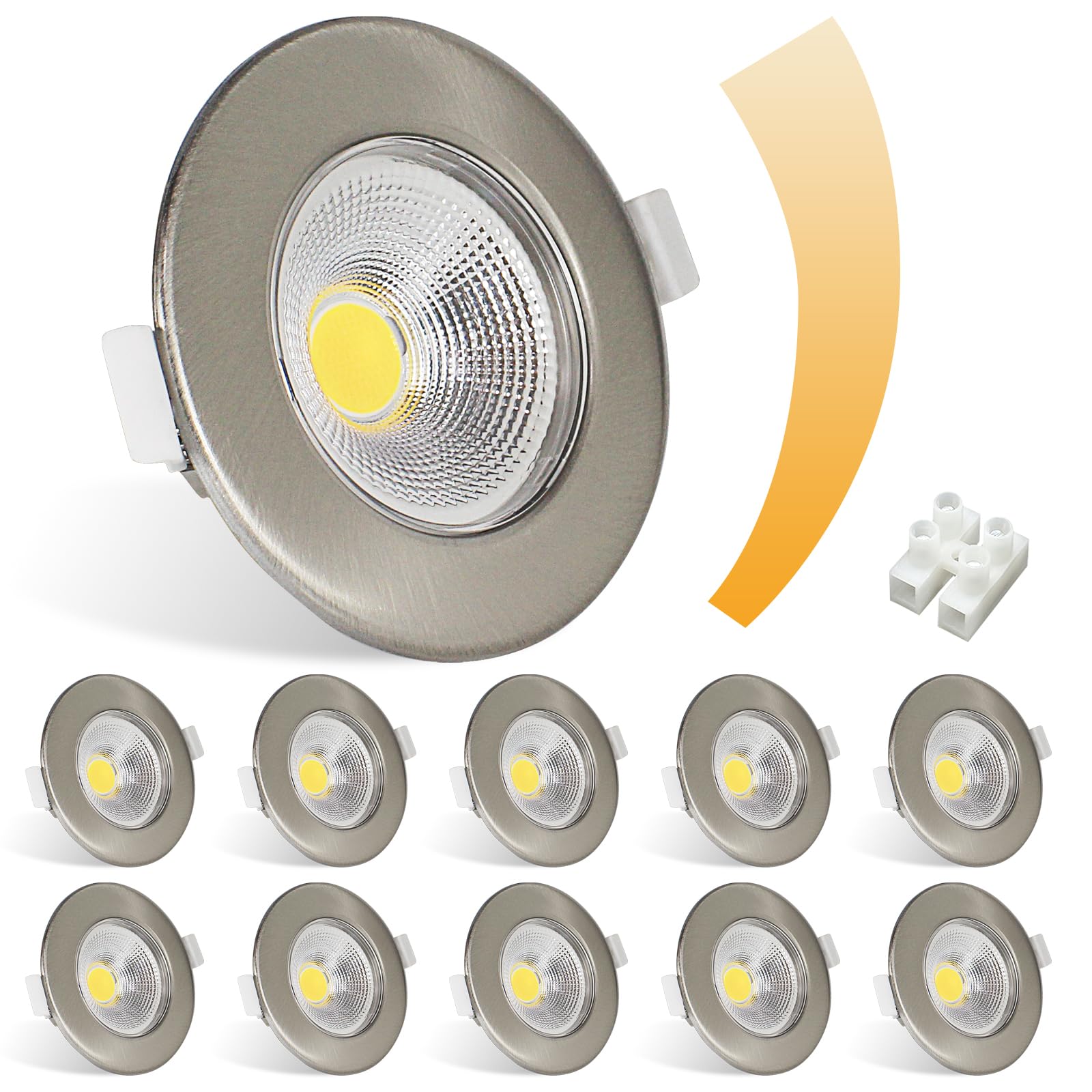 Allesgute 10X LED Downlights Ceiling Dimmable 7W COB Ultra Slim Recessed Ceiling Lights Cool White Round Brushed Chrome LED Spot Lights for Bedroom Living Room Cutout diameter 65-88mm