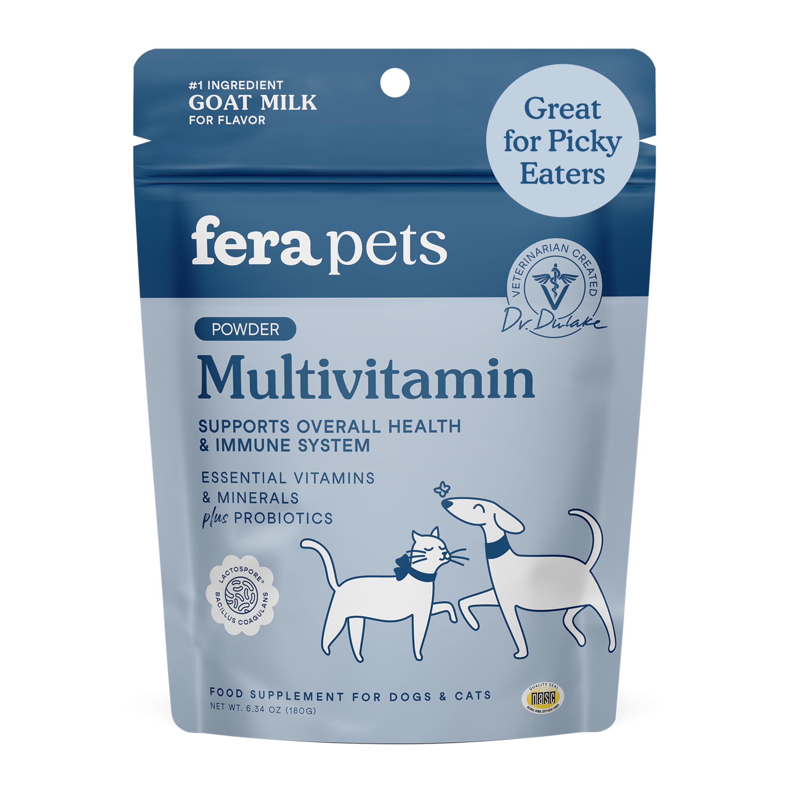 Fera Pets Goat Milk Topper - Multivitamin for Dogs & Cats with Probiotics - Supports Overall Health, Gut Health, and Immune System - for Picky Eaters - 60 TSP
