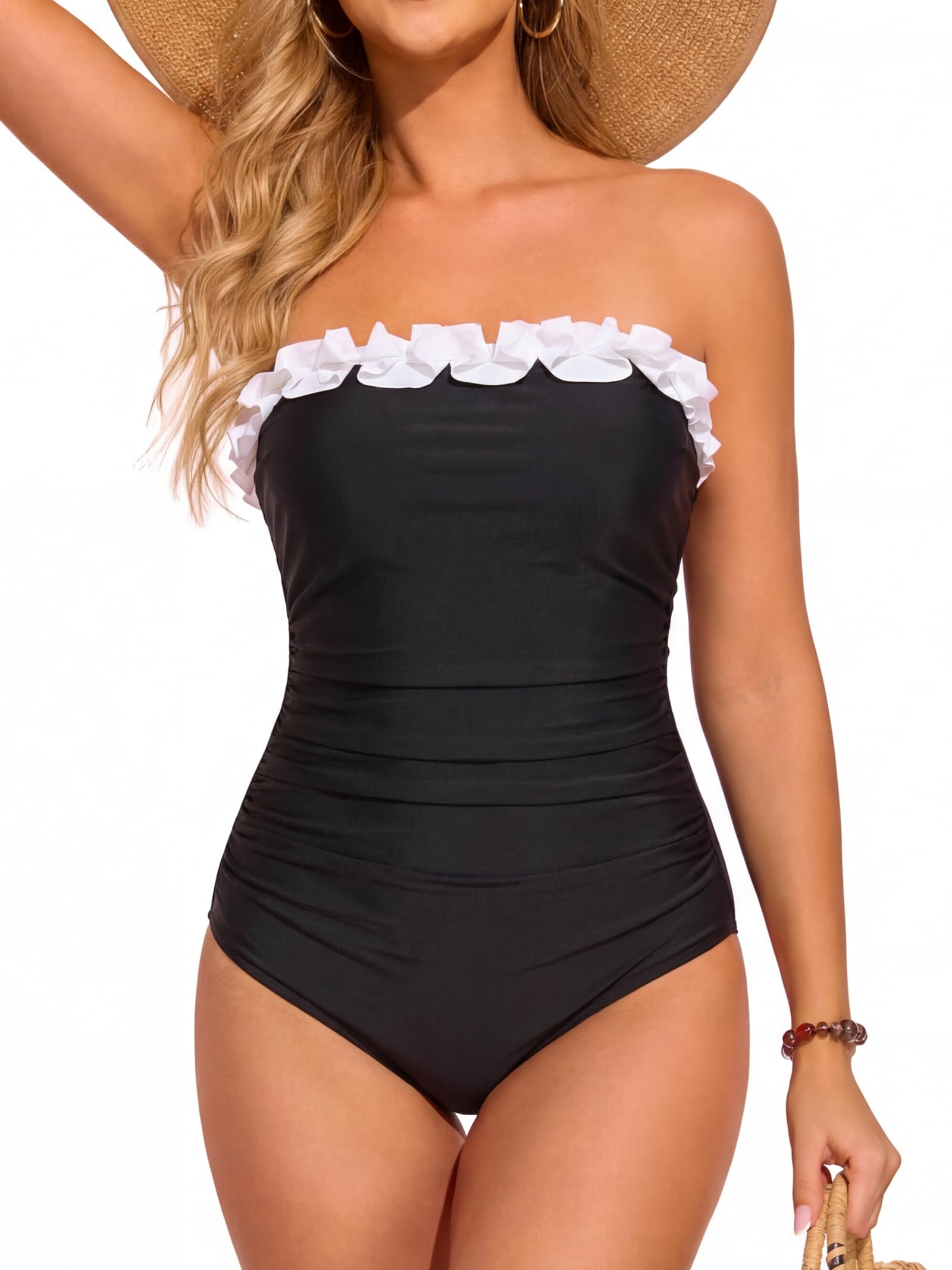 Smismivo Trajes de baño sin tirantes para mujer, traje de baño de una pieza, con control de abdomen, traje de baño vintage con volantes fruncidos