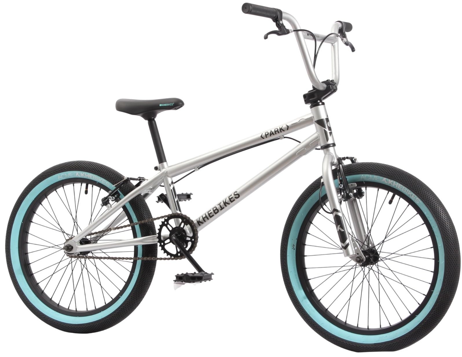 KHE Park Vélo BMX 20", léger, 11,1 kg, Freestyle Bike pour débutants et confirmés, freins en V, tube supérieur de 19,5", argenté/turquoise, modèle 2025