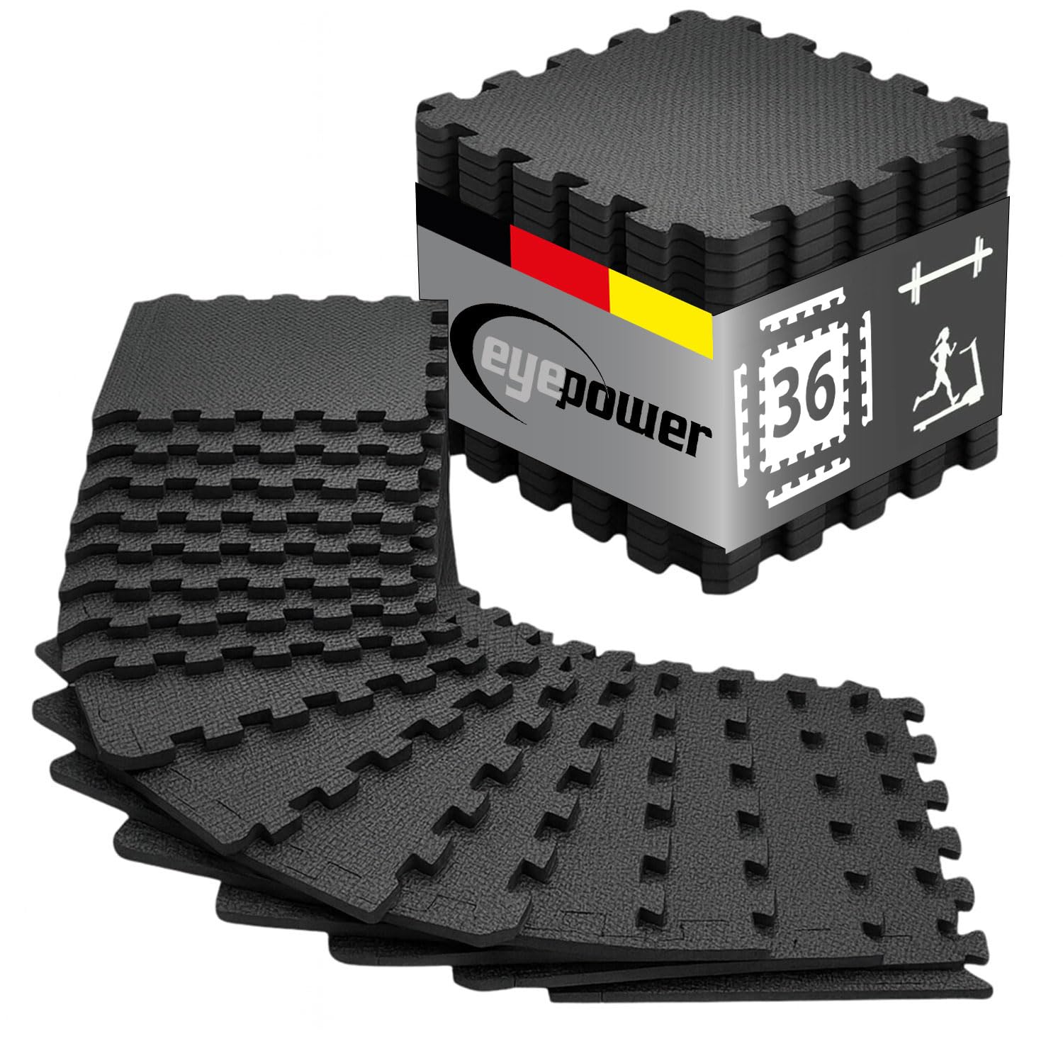 EYEPOWER 36 Tappetini Protezione Pavimento Fitness - Piastrelle 30x30 cm Nero - Tappeto Home Gym - EVA Tappetino Antitrauma per Palestra - Protezione per Tapis Roulant Cyclette Crosstrainer