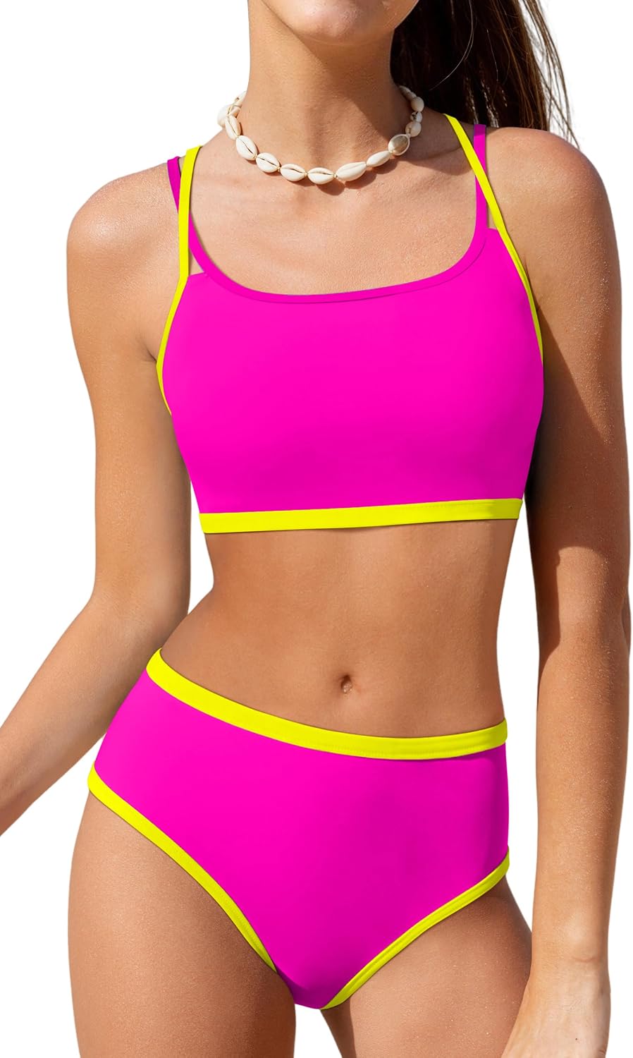 NECIOUS Girls Swimsuit 2 Piece Bikini Sets Cute Color Contrast Trim Bathing Suit with Chest Pad Girls' Swimwear 9-16Y