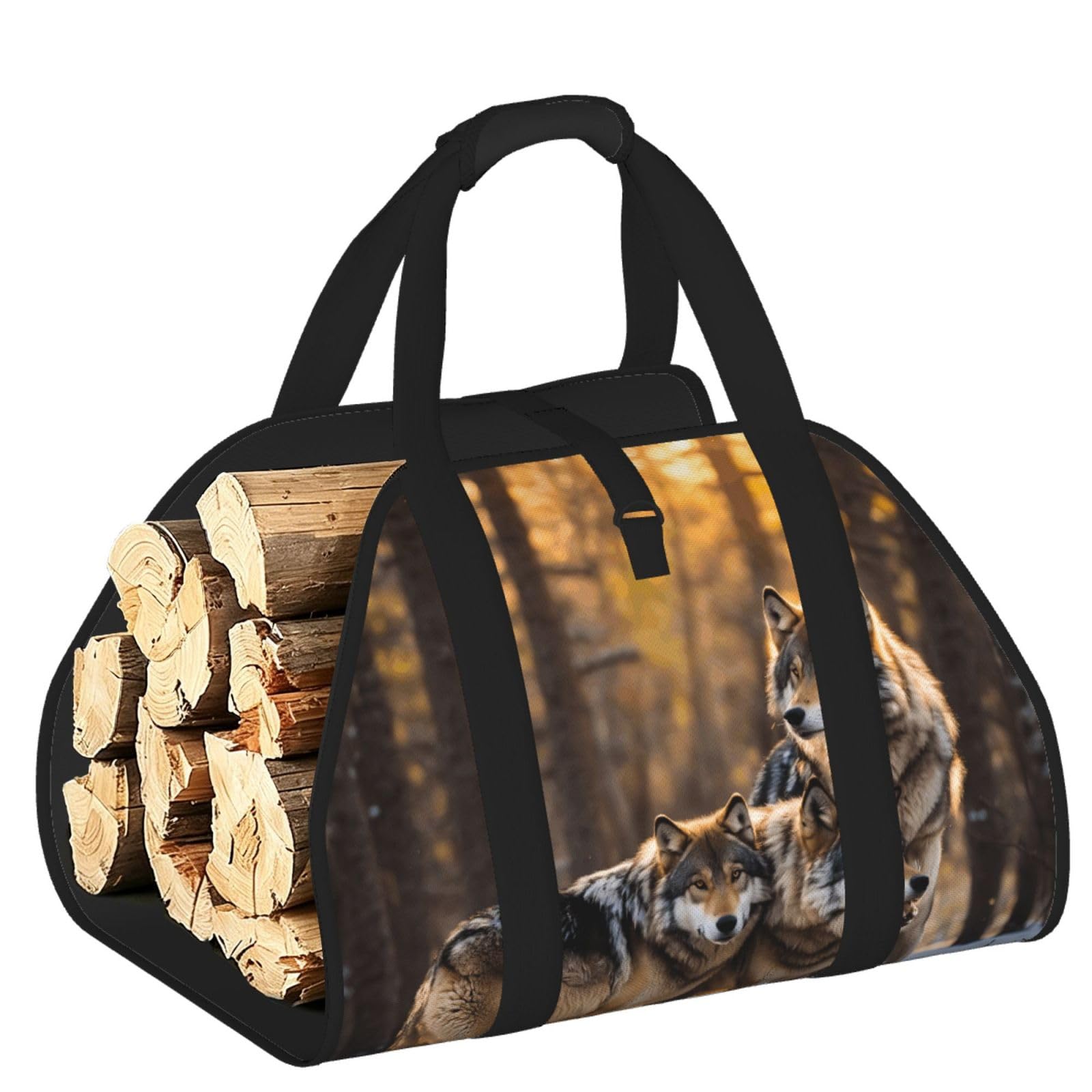 Pphgut Black Wolfs Print Firewood Bag Wood Carrier Transport Sack Camping Picnic Storage Daily Home