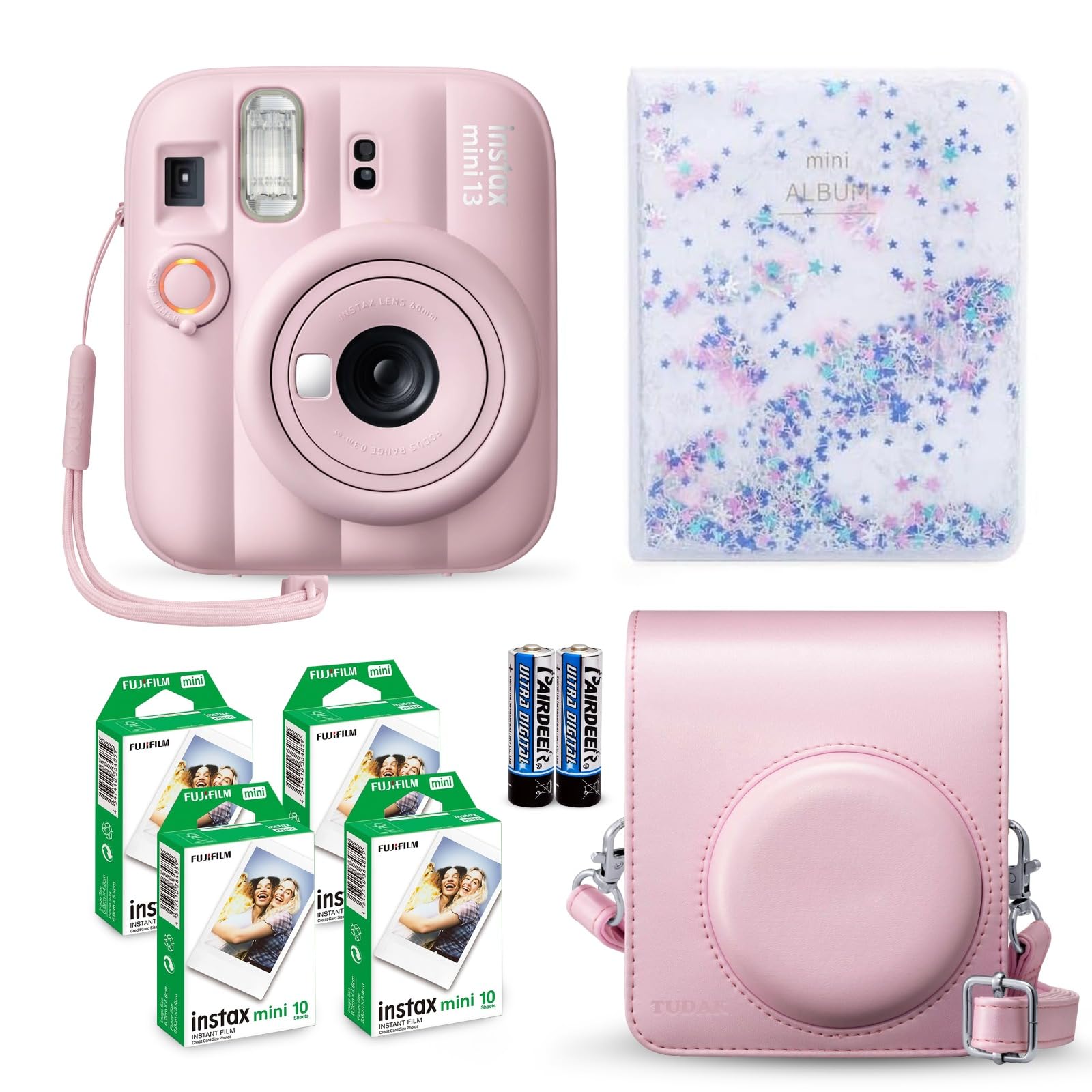 Fujifilm Instax Mini 13 Instant Camera Candy Pink + Fuji Film Value Pack (40 Sheets) + Tudak Accessories Bundle, Incl. Compatible Carrying Case, Quicksand Beads Photo Album 64 Pockets