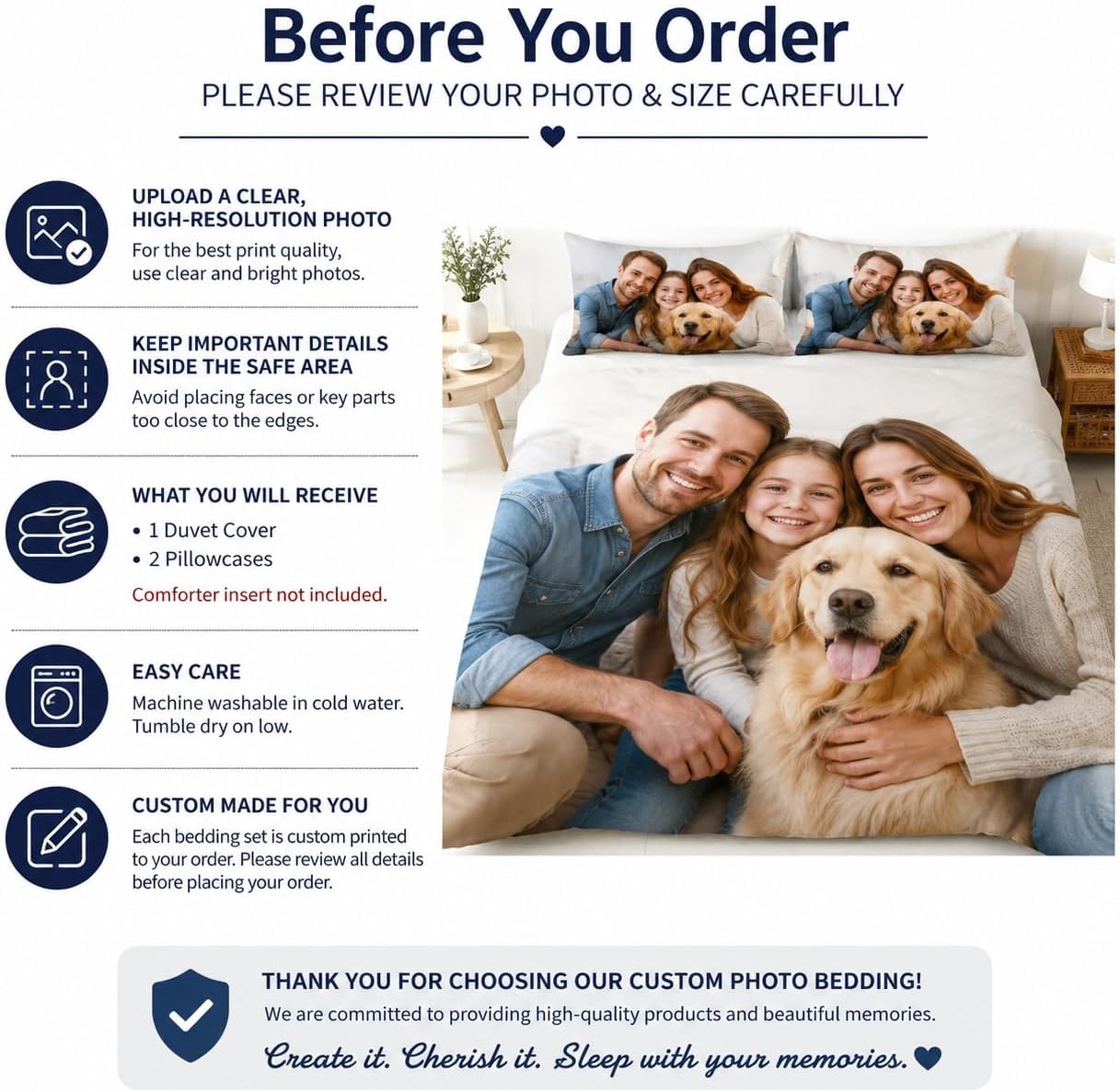 Custom Bedding Set, Personalized Photo Duvet Cover, Custom Microfiber Comforter Cover with 2 Pillowcases, Picture Text Logo Print, Zipper Closure, No Insert Included
