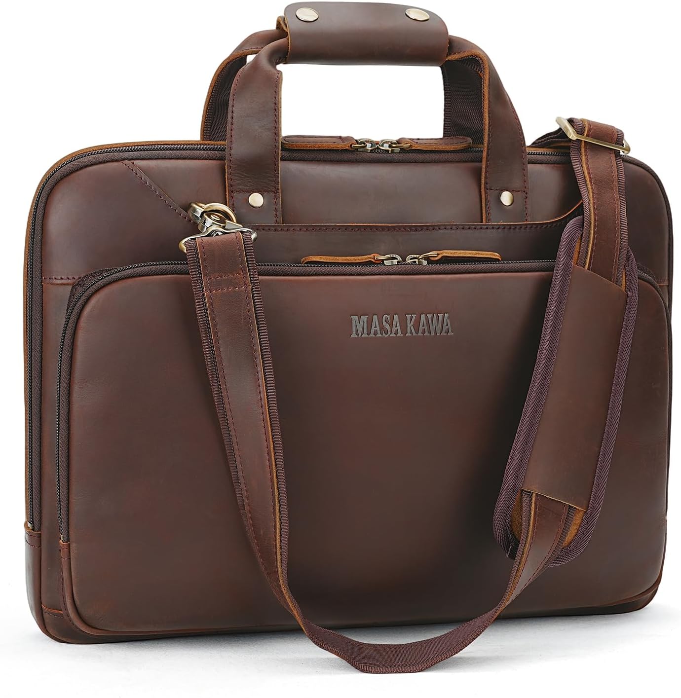 Masa Kawa Leather 16" Laptop Briefcase for Men, Slim Crossbody Shoulder Messenger Computer Bag, Business Work Attache Case, Vintage Brown
