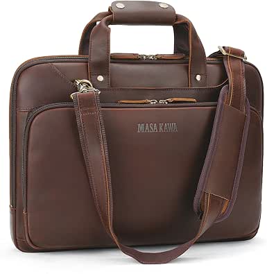 Masa Kawa Slim Leather Briefcase for Men 16" Laptop Messenger Bag, Brown