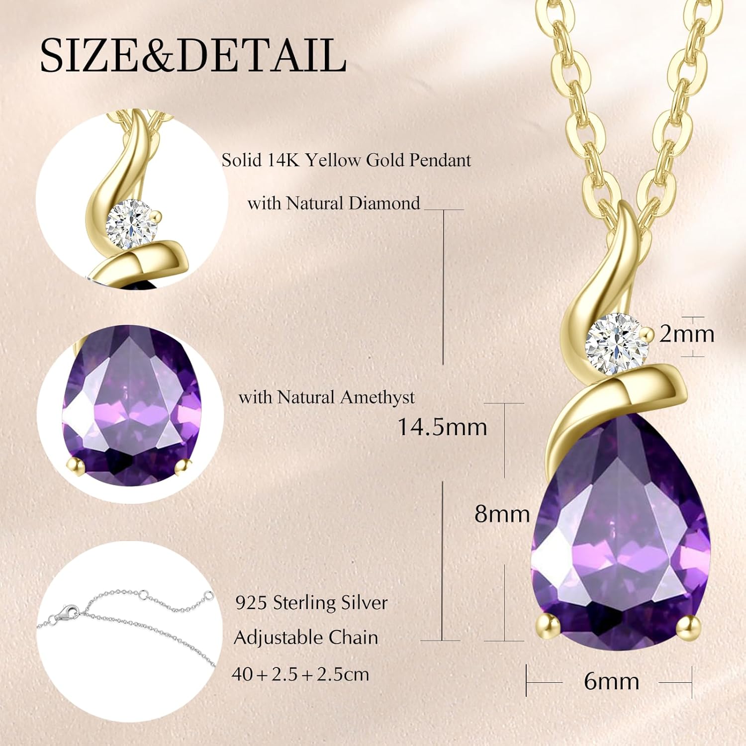 FANCIME 14K Solid Yellow Gold Birthstone Pendant Necklace for Women with Diamond Pear Shaped Teardrop Necklace Birthday Gifts for Mom Women Sterling Silver Chain 16" + 2" Extender - Image 2