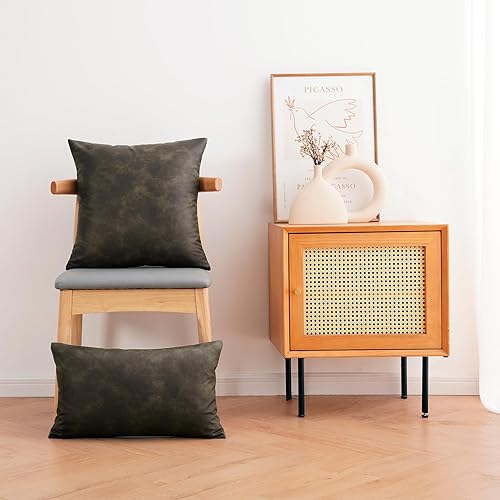 Miniatura 6 de Juego de 2 fundas de almohada decorativas de piel sintética de color verde oliva, 24 x 24 pulgadas, fundas de almohada modernas de estilo bohemio