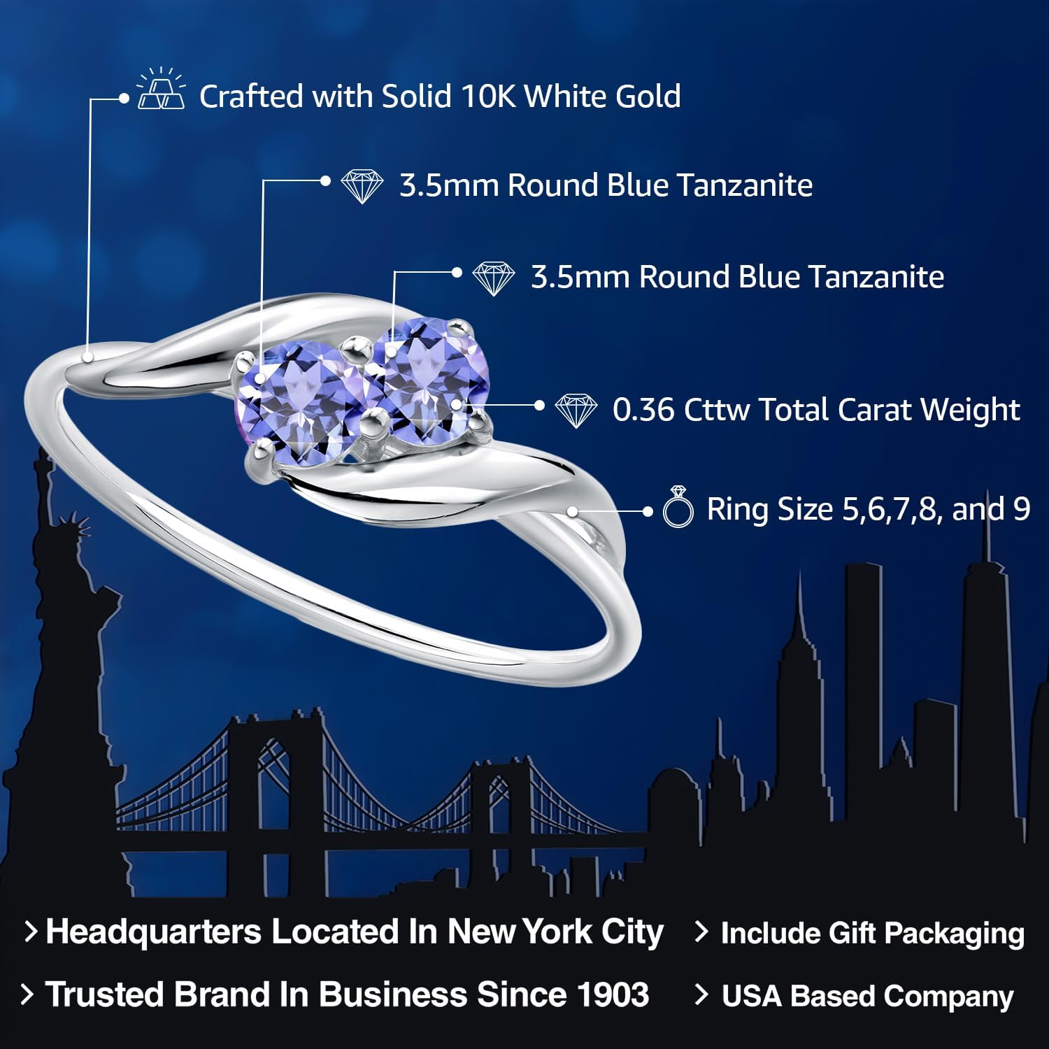 Gem Stone King 10K White Gold Round Blue Tanzanite Ring For Women (0.36 Cttw, Round 3.5MM, Gemstone December Birthstone)