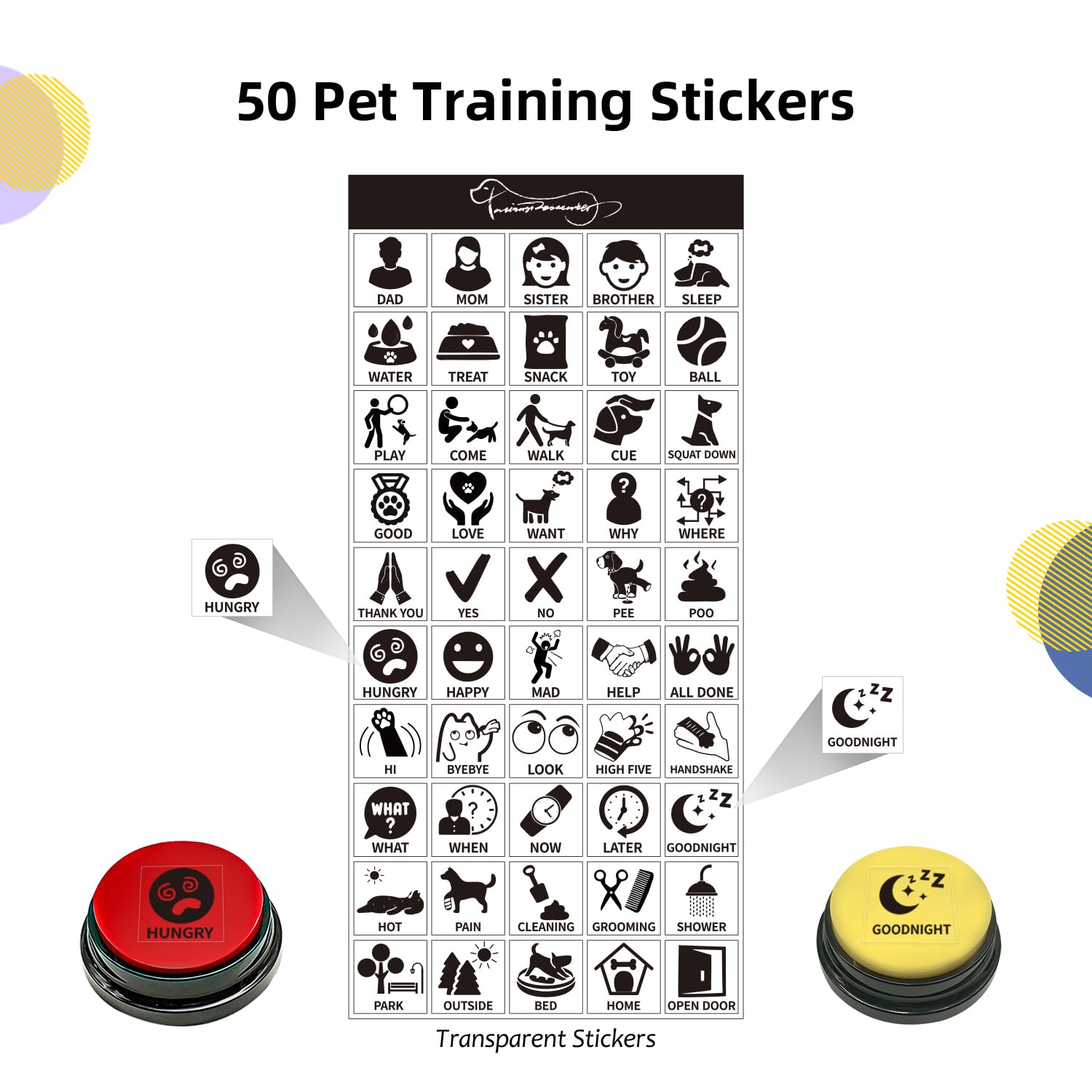 Botones de entrenamiento para mascotas para comunicación, 8 botones de grabación de voz de color con 50 calcomanías de escena y zumbador grabable de 30 segundos, botones de conversación de
