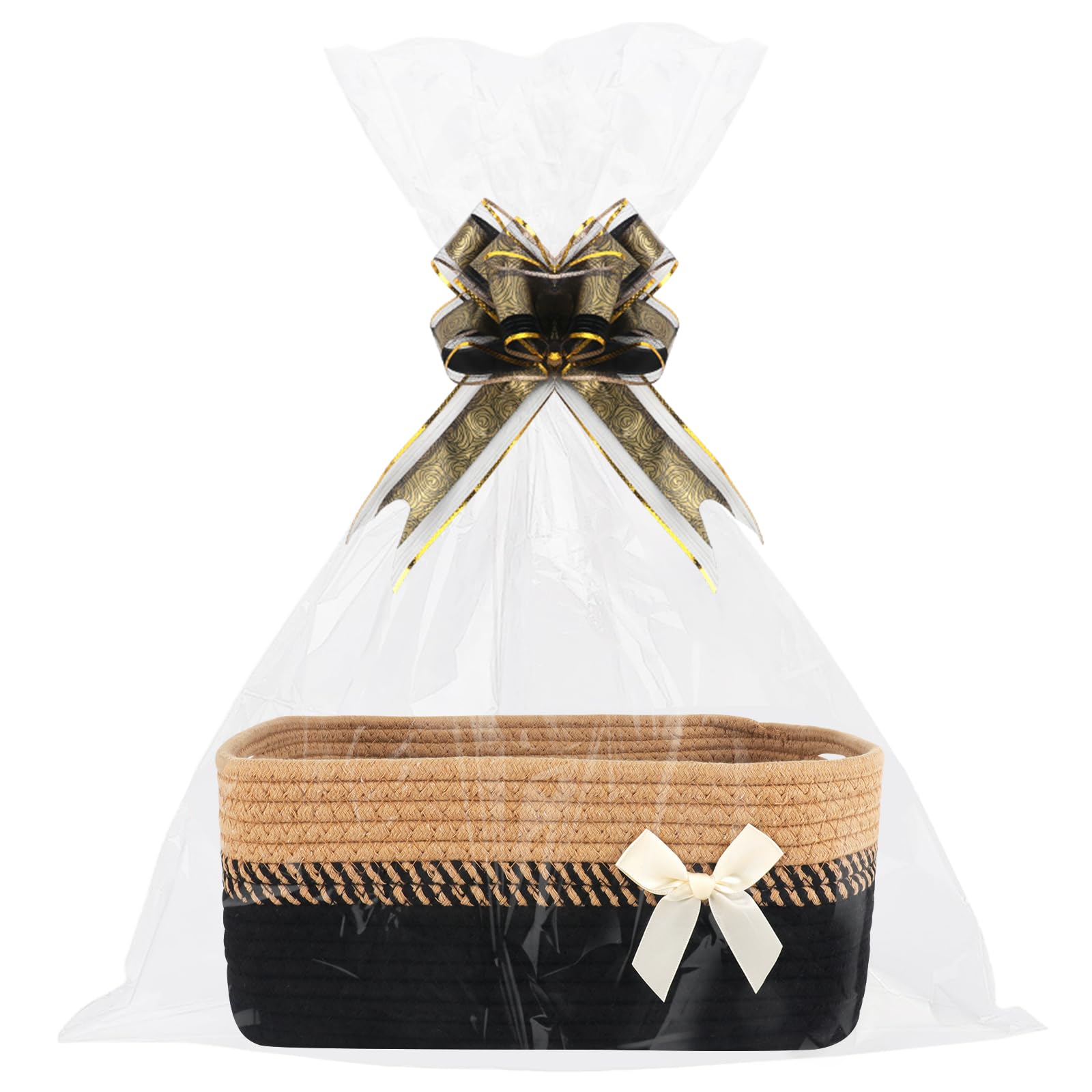 Lotvic Gift Basket with Handles, 32x22x15cm Rectangular Empty Gift Basket with Cellophane Bags and Pull Bows, Woven Gift Basket for Baby Shower, Wedding, Birthday, Christmas