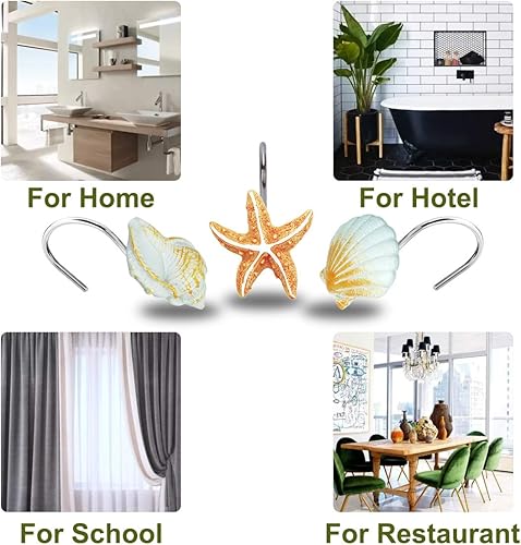 Miniatura 9 de Ganchos para cortina de ducha, 12 anillos de ducha de concha de mar con brillo de perlas, ganchos decorativos antioxidantes para la playa, baño,