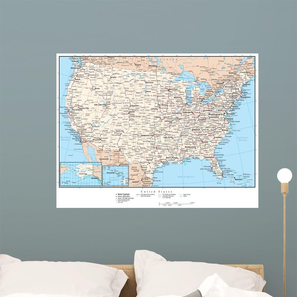 Wallmonkeys GEN-13491-36 WM130071 United States of America Map Peel and Stick Wall Decals (36 in W x 28 in H), Large