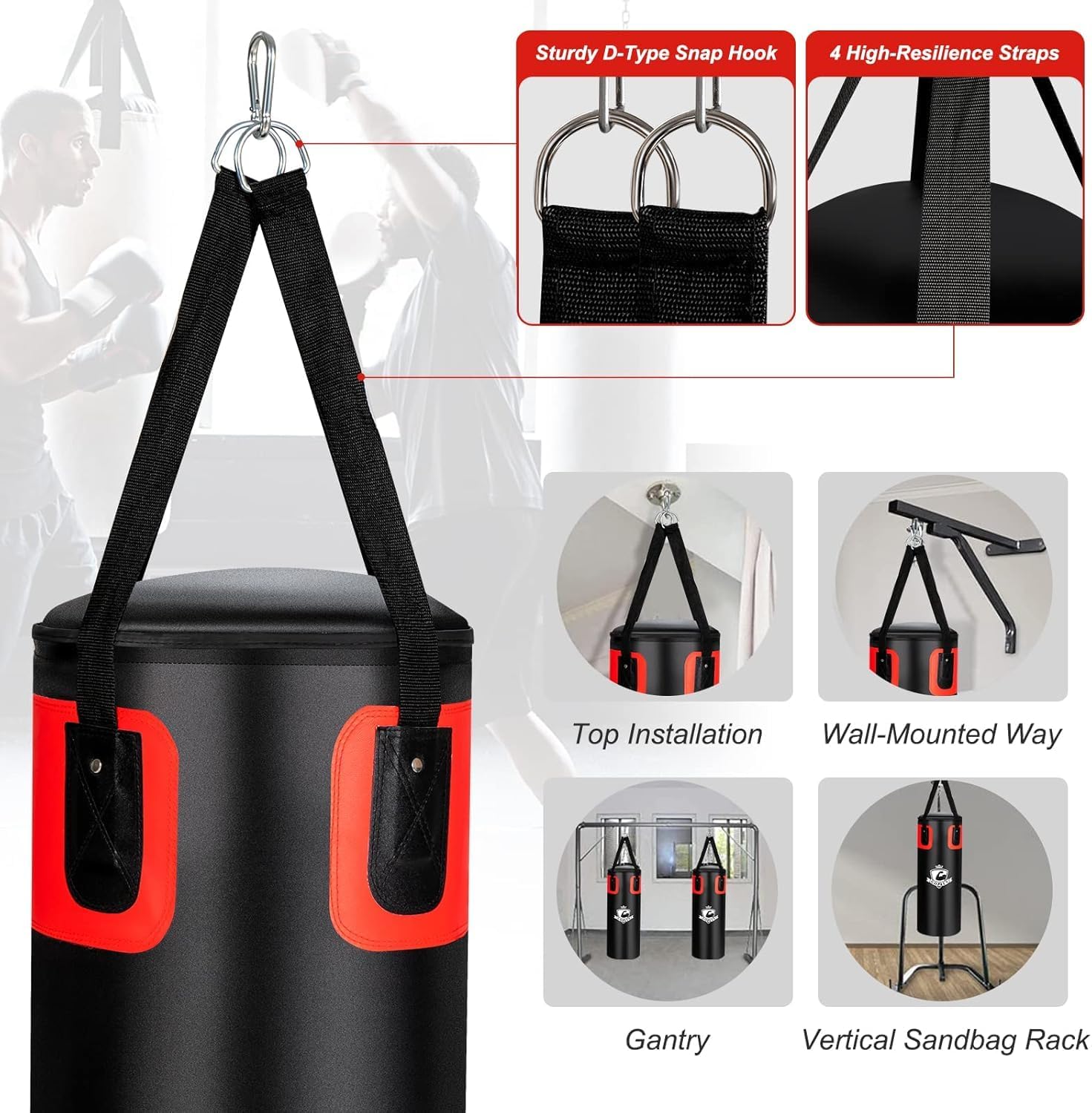 HOMGX 56LBS Adult Boxing Bag Set, Hanging Boxing Bag Set w/ 12 Ounce Perforated Gloves and Two 95 Inch Handbags, Pre Filled Heavy-Duty Boxing Bag for Adults