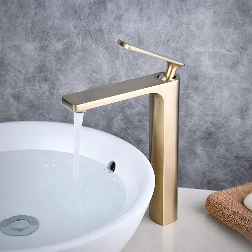 Miniatura 3 de Combo de grifo de fregadero y drenaje dorado cepillado, grifo de baño alto de un solo mango, un agujero, grifo mezclador con drenaje desplegable sin