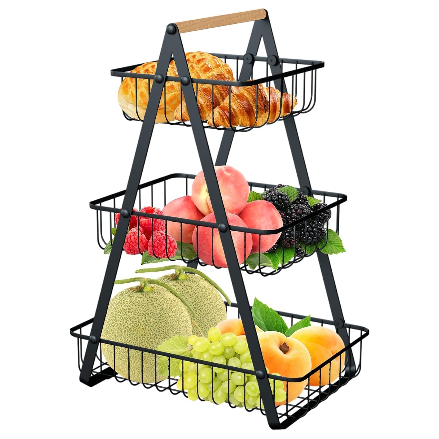 HONGID 3-Tier Fruit Basket Stand, Black Metal with Wood Handle, Kitchen Counter Organizer