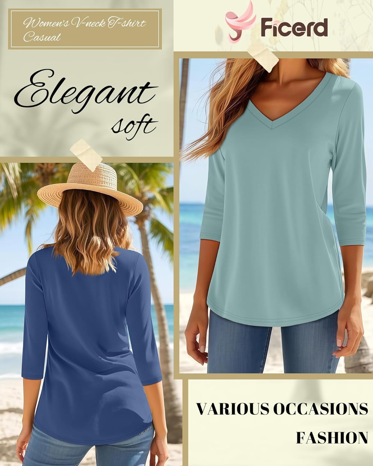 Ficerd 5 Pack Women's 3/4 Sleeve V Neck Tops Dressy Casual Fitted T Shirts Multipack Solid Basic Trendy Bulk Tees - Image 2