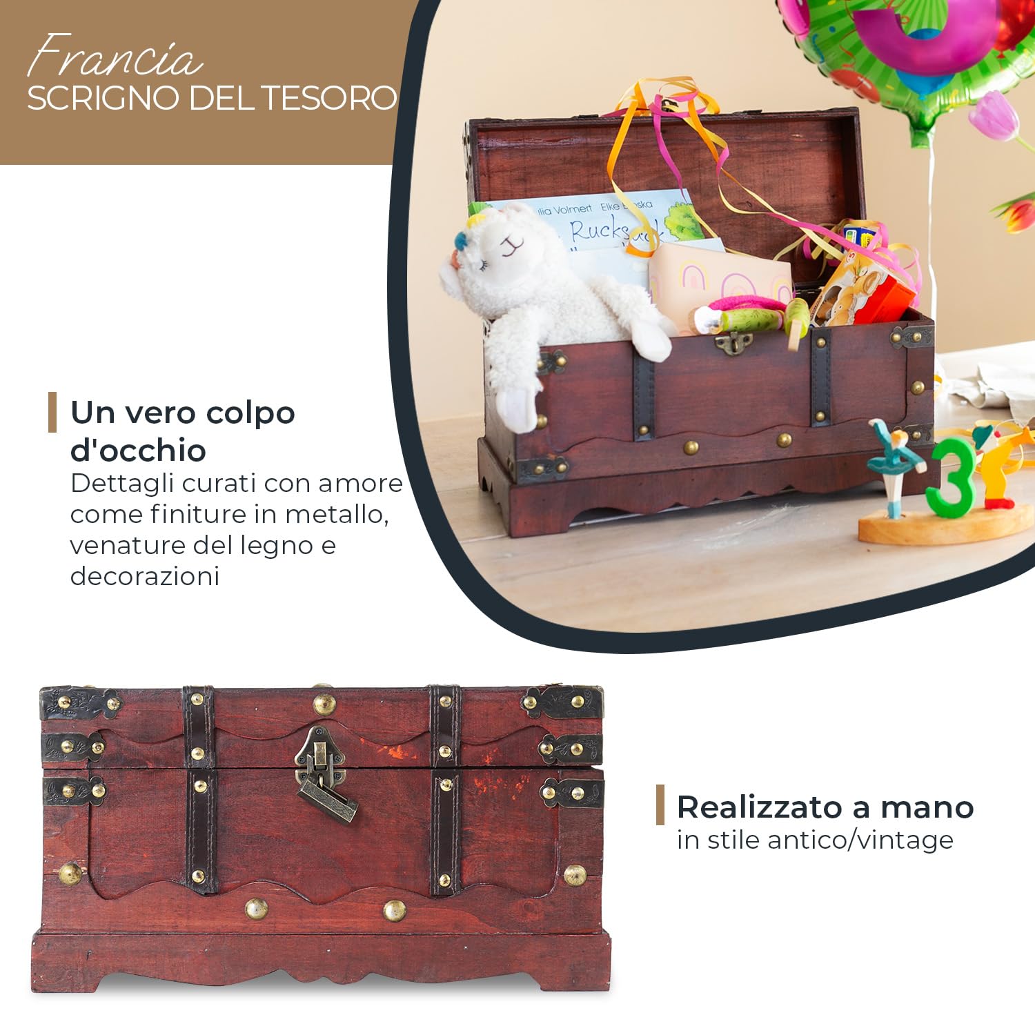 HMF Scrigno del tesoro in legno, grande Cassa del tesoro con serratura decorativa per festa di compleanno per bambini | 40 x 19 x 22 cm | Francia