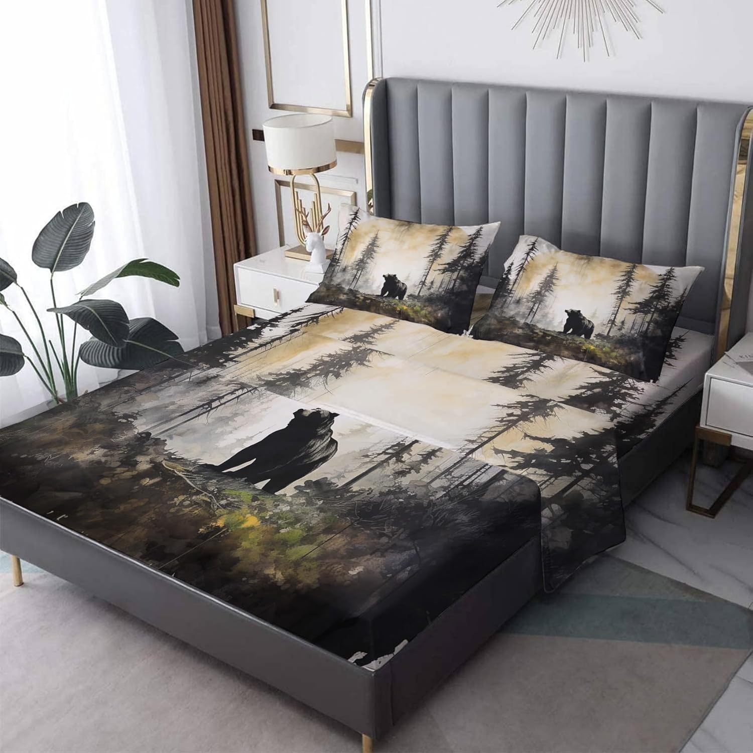 Bear Sheets Twin Size, Forest Bed Sheets, Patterned Bedding Sheets & Pillowcases 3 Piece Set - Soft Microfiber Deep Pocket Fitted Sheet & Flat Sheet & Pillow Case J7-&-138