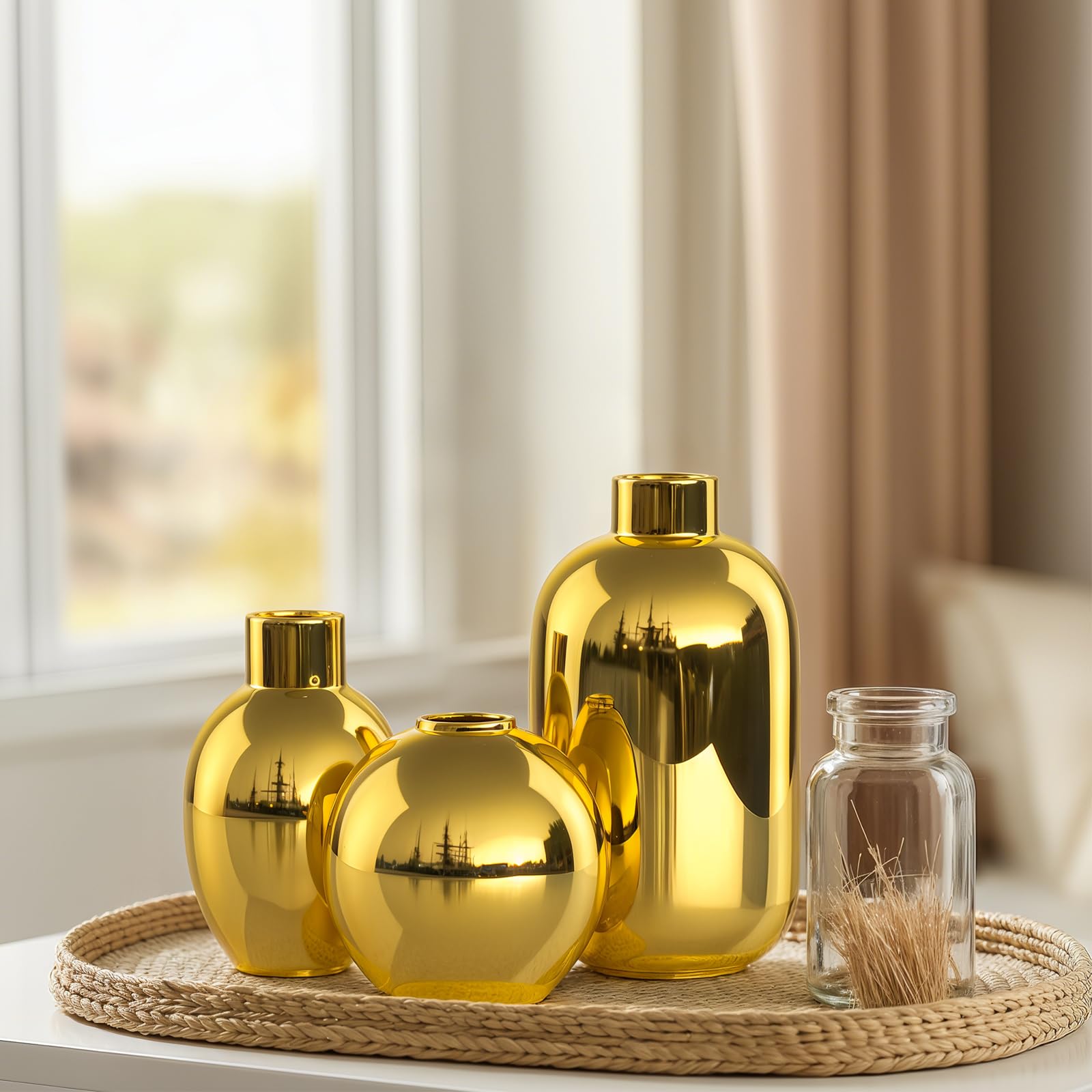 Set di 3 vasi in ceramica dorati lucidi, vasi decorativi moderni rotondi in oro per decorazione con erbe Pampas, camera da letto, ufficio, soggiorno, libreria, matrimonio, centrotavola per bagno