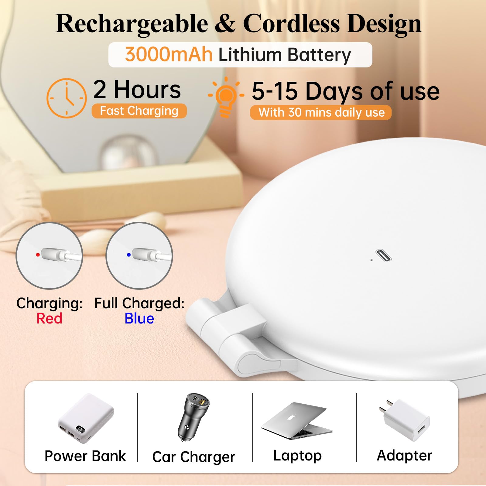 FUNTOUCH Miroir de maquillage de voyage rechargeable grossissant x 30 pour femme, blanc 17,8 cm | Double face/éclairage 3 couleurs/écran tactile à intensité variable/intérieur, extérieur/cadeau pour filles