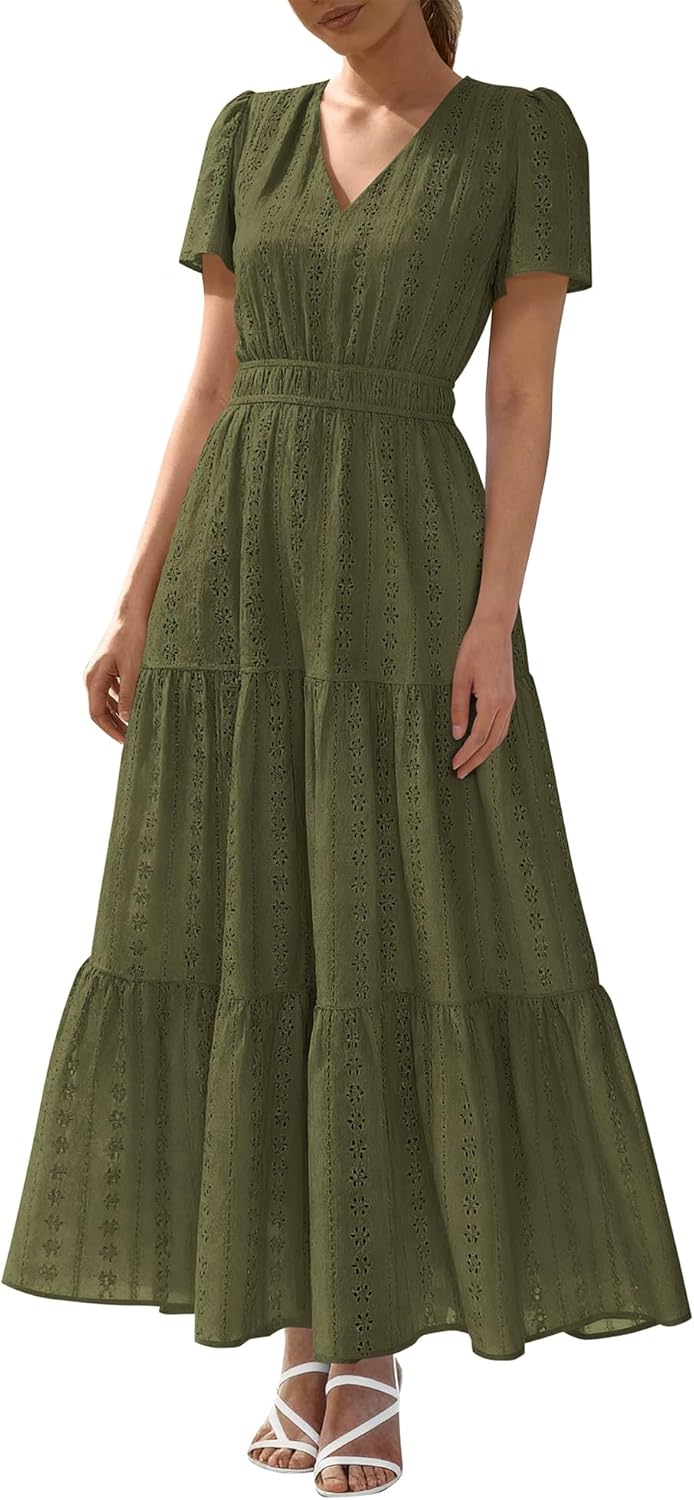 BTFBM Womens Summer Dresses 2026 V Neck Hollow Out Eyelet A Line Flowy Boho Beach Vacation Wedding Guest Maxi Dress