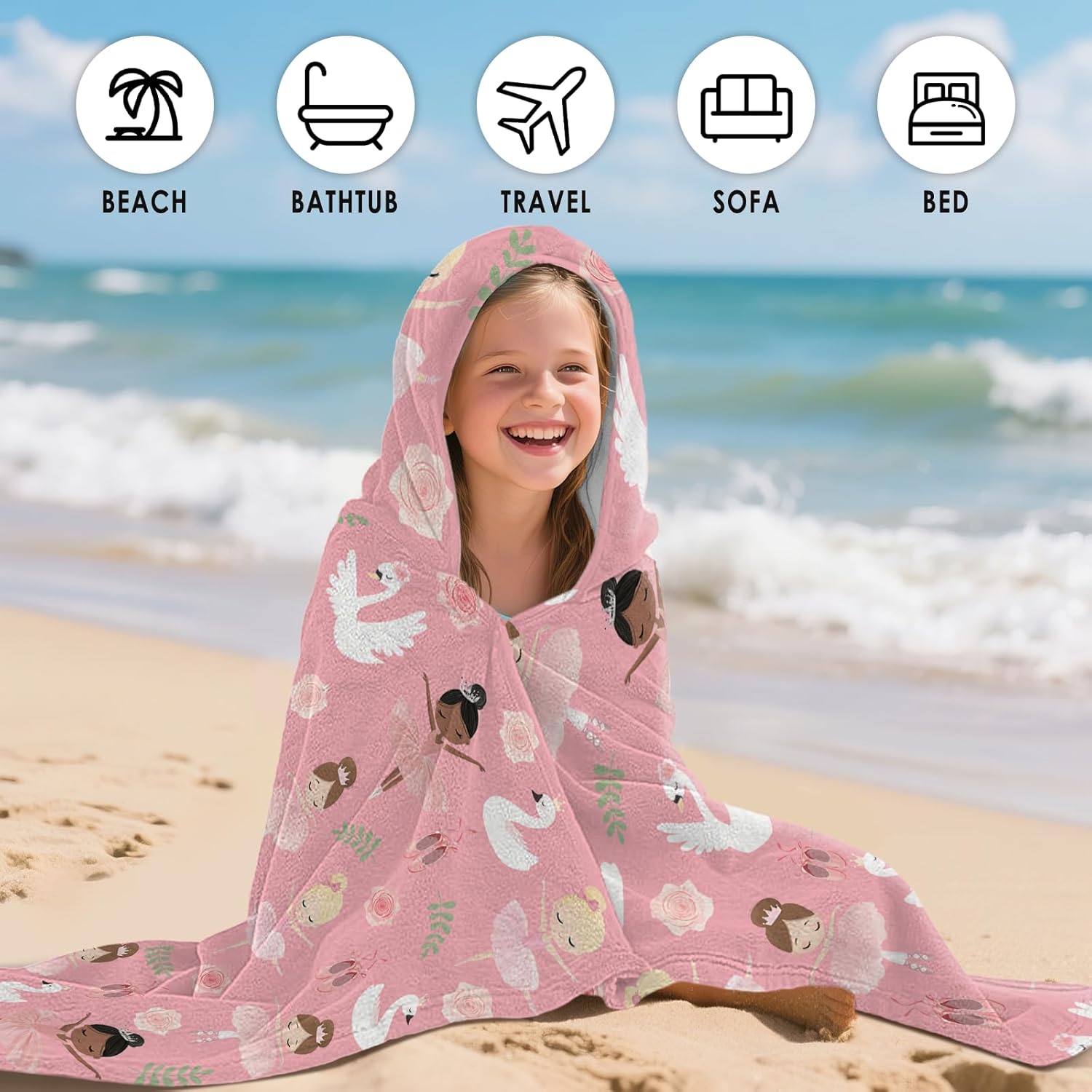 Dance Hooded Beach Towel for Kids, Pink Hooded Towels for Toddlers 30" x 50", Kids Beach Towels for Pool, Travel, Swim, Ballet Wearable Bath Towel for Girls, Toddlers - Image 6
