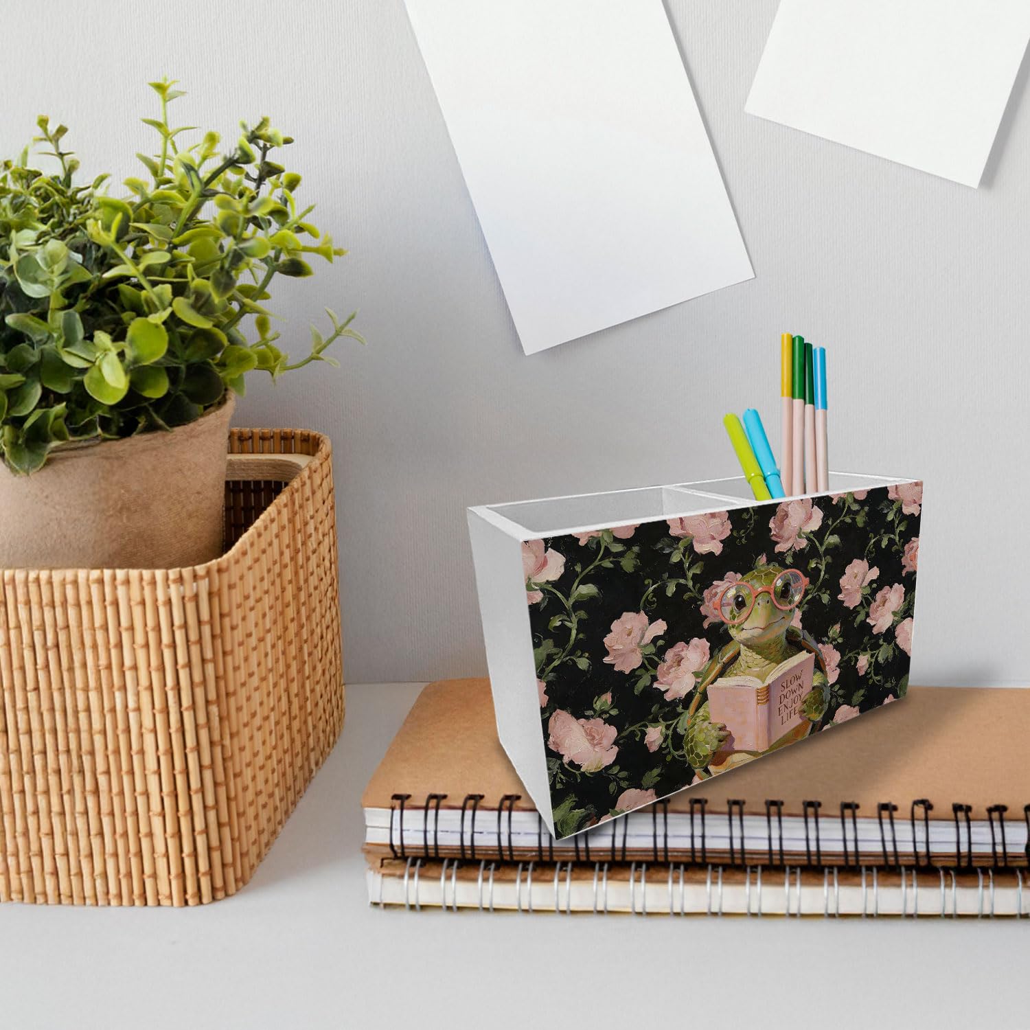 Portapenne motivazionale per scrivania, motivo: tartaruga rosa, rosa, floreale, scatola in legno, decorazione da scrivania, per angolo lettura, decorazione per la stanza, regalo per amanti