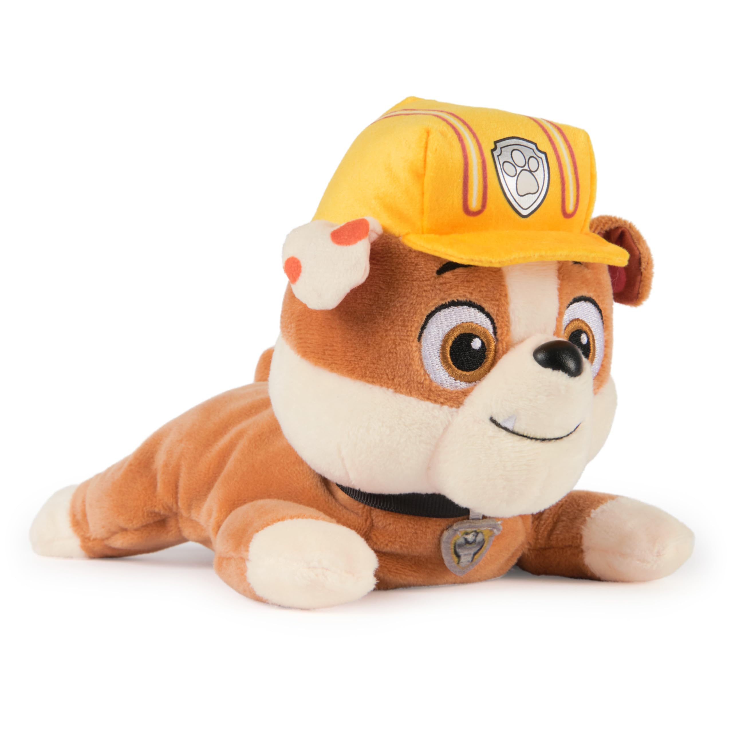 GUND PAW Patrol Rubble Plush, Official Lounging Rubble Plush Toy, Weighted Stuffed Animal, Sensory Toy for Ages 1 and Up, 20 cm