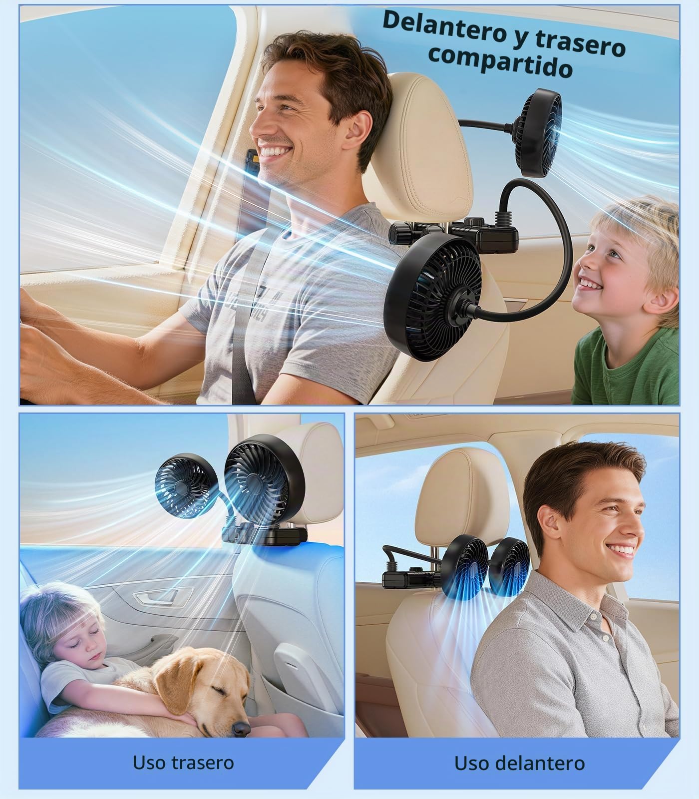 Ventilador recargable de 3000 mAh de doble manguera 360 para coche, SUV, RV, camioneta, reposacabezas de vehículo, ventilador de asiento de coche para bebés y niños, orientación trasera