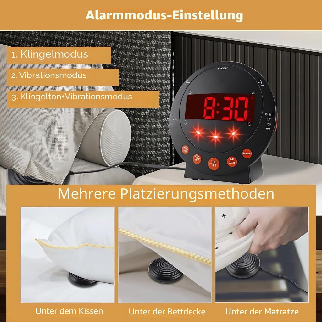 Vibrationswecker für Gehörlose, Tiefschläfer & Senioren, Batteriebetrieben Wecker mit 110 dB lautem Alarm, Vibrationsuhr, Bett-Shaker, Dimmer, Schreibtisch Schlafzimmer