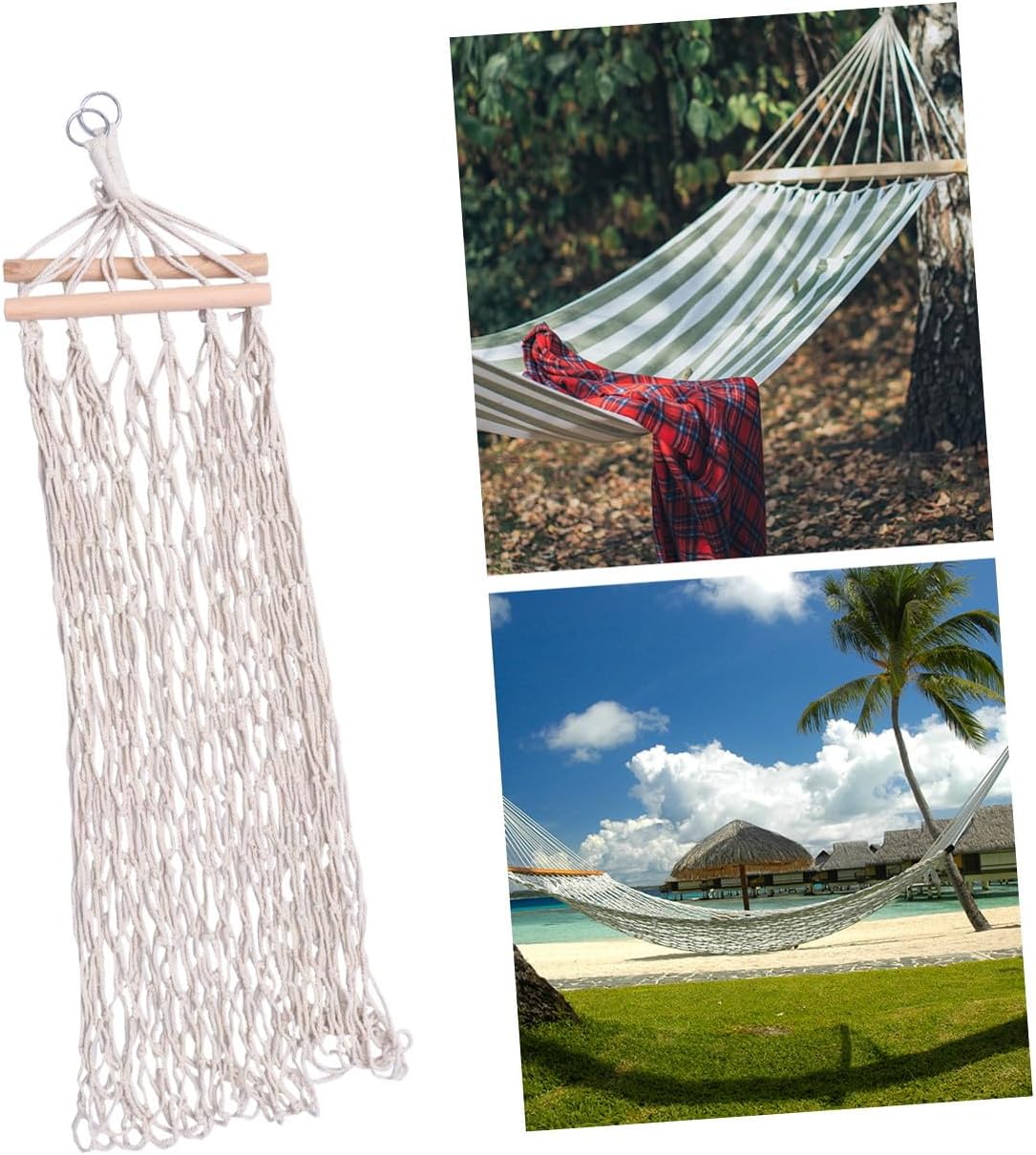 Luxshiny Outdoor Leisure Hammock Swing Chair with Wood Stick, Thick Cotton Rope Mesh Hammock for Camping and Indoor Use, Portable Hanging Chair with Carry Bag and Tie Ropes