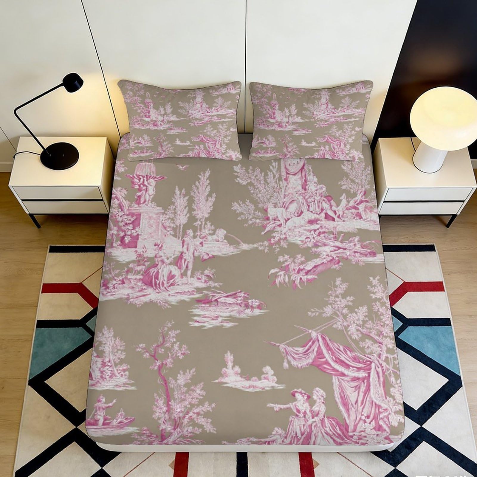 3D Printed Vintage Pastoral Fitted Sheet Microfiber Soft Pink Toile Mattress Cover for Bedroom Guest Room Decor 90x200x25cm