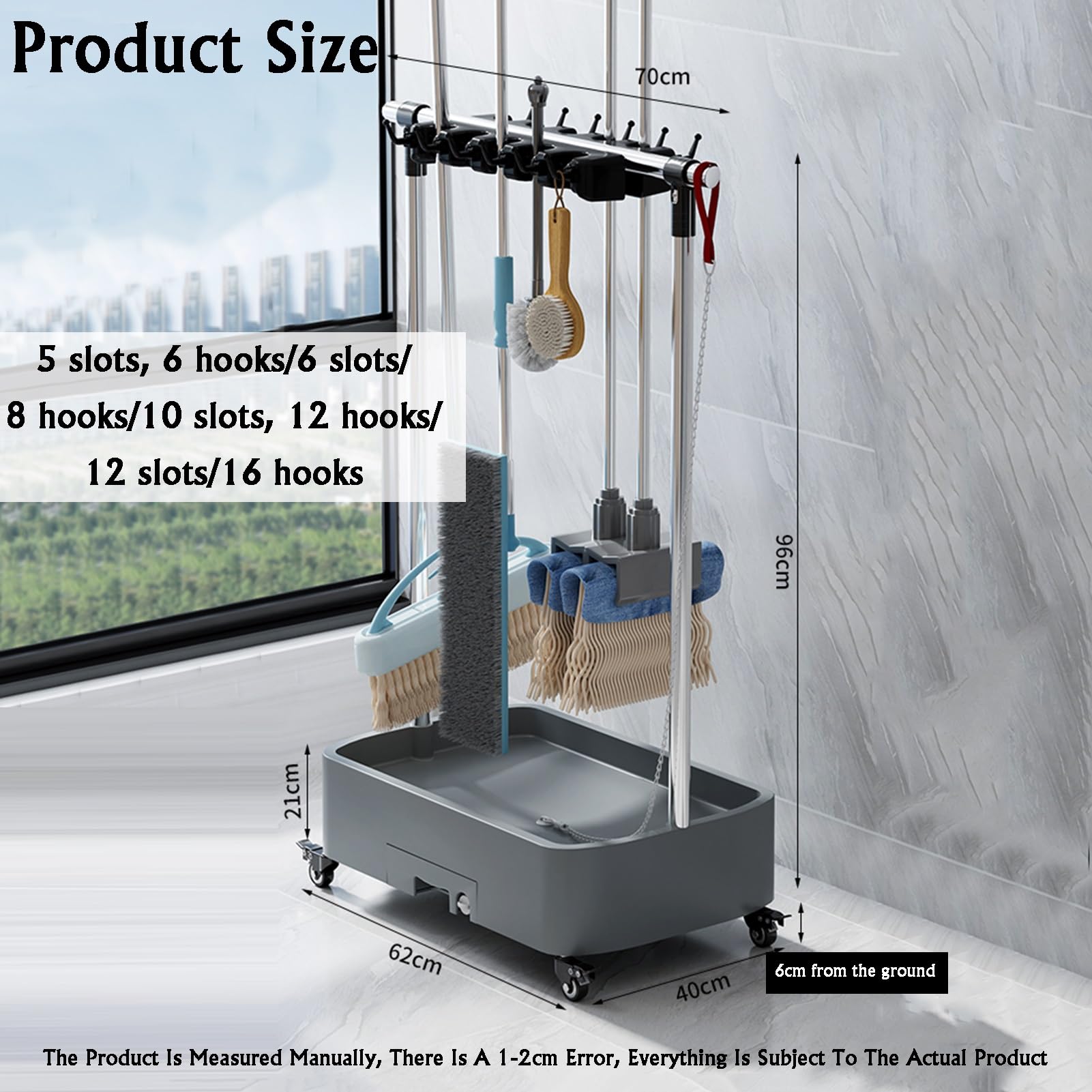 Generico Carrello Porta Scopa E Mocio Mobile, Attrezzi For Esterni, Da Giardino, Cortile, Ripostiglio, Organizer For For La Pulizia Con Ruote(12tow16hooks)
