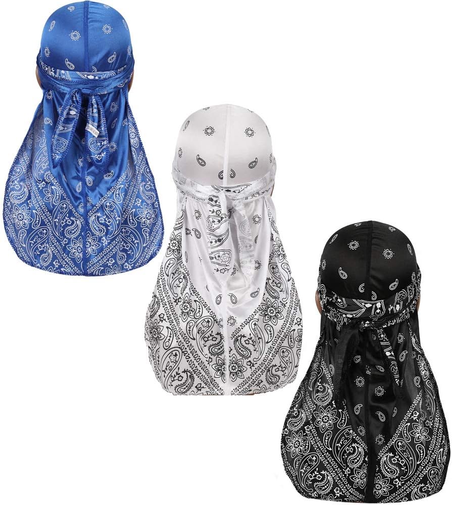Assorted Paisley Bandana Doo rag Cap Headwraps Men's Women's Silk Durag with Long Tail and Wide Straps for 360 Waves