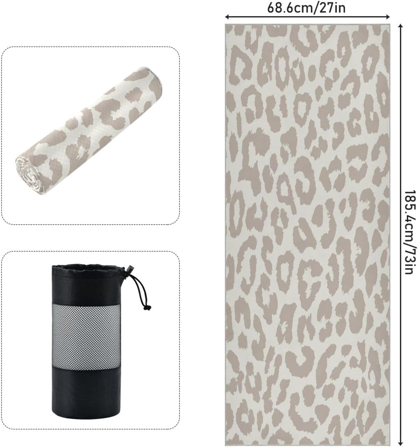 YETTASBIN Leopard Yoga Mat Towel, Non Slip Sweat Absorbent Hot Yoga Towel Portable Lightweight Travel Workout Towel with Storage Bag for Home Yoga, Pilates, Fitness 73x 27 Inch