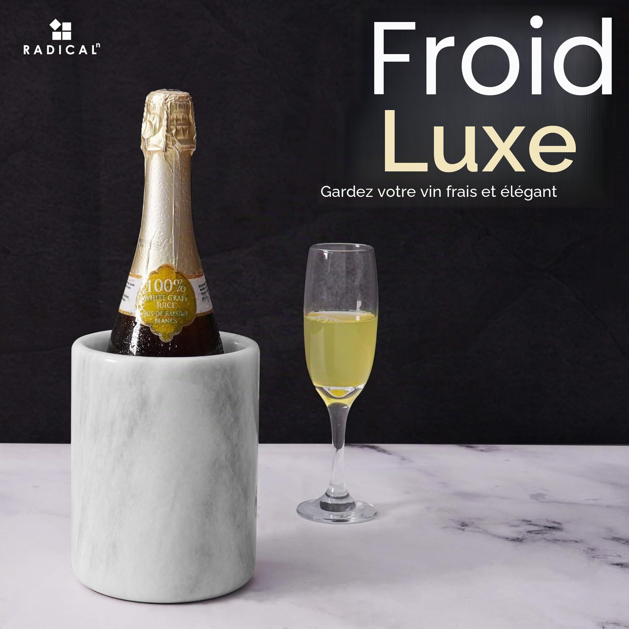 Radicaln Refroidisseur à vin en marbre fait main, 16,5 cm,blanc, pour champagne, idéal pour les fêtes - Refroidisseur de bouteille de vin de 750 ml pour la cuisine