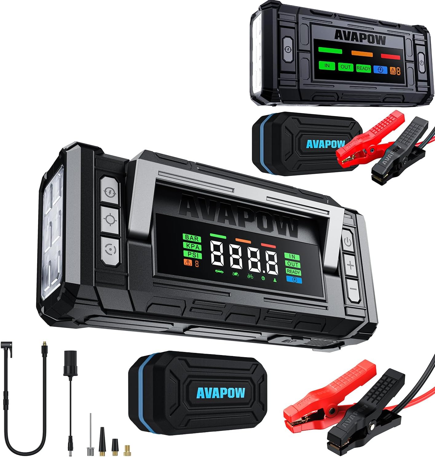 AVAPOW 5000A 150PSI Jump Starter Whit Air Compressor with 4″ HD Display & AVAPOW TJ18 5000A Battery Jump Starter Portable with 4" HD Display PD 18W Fast Charging
