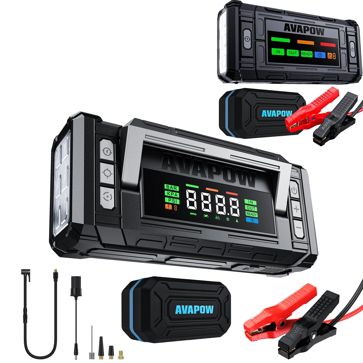 AVAPOW 5000A 150PSI Jump Starter Whit Air Compressor with 4 HD Display AVAPOW TJ18 5000A Battery Jump Starter