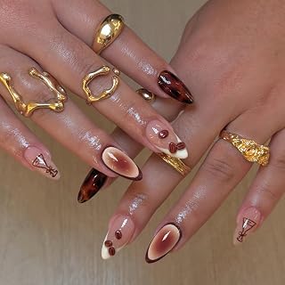 24Pcs French Press on Nails Medium Almond Fake Nails with Designs Coffee Bean Glue on Nails Leopard False Nails Brown Gradient Acrylic Nails Glossy Artificial Nails Stick on Nails for Women