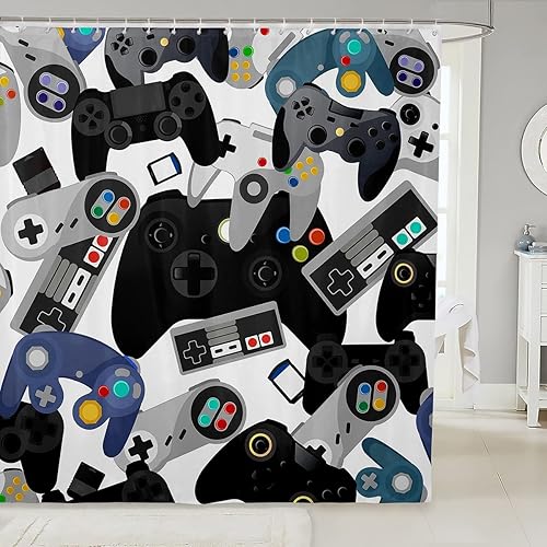 Cortina de ducha con estampado de consola de videojuegos en acuarela, para niños, adolescentes, niños, con 12 agujeros, rojo, azul, blanco, negro,
