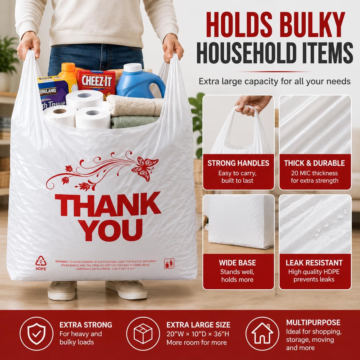 YoYoRain 50 Count White Oversized Thank You T-Shirt Bags, 20 x 10 x 36 in | 20 micron HDPE with handles, large Thank You carryout sacks for grocery, retail, takeout and small business